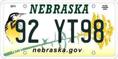 NE license plate 92YT98