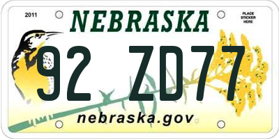 NE license plate 92ZD77