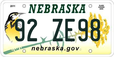 NE license plate 92ZE98