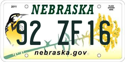 NE license plate 92ZF16