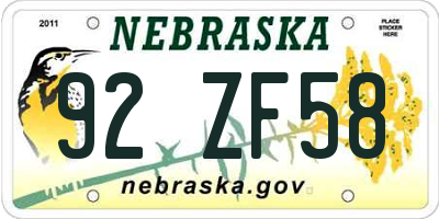 NE license plate 92ZF58