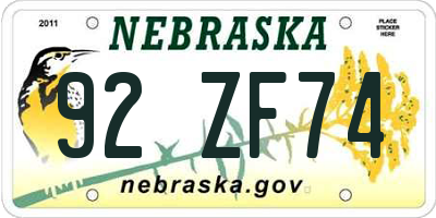 NE license plate 92ZF74