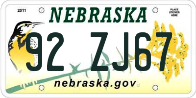 NE license plate 92ZJ67
