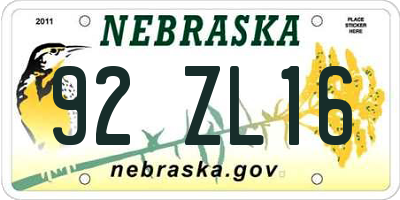 NE license plate 92ZL16