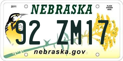 NE license plate 92ZM17