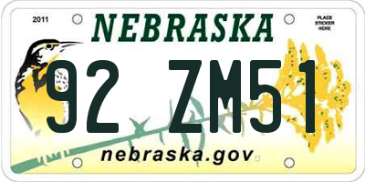 NE license plate 92ZM51