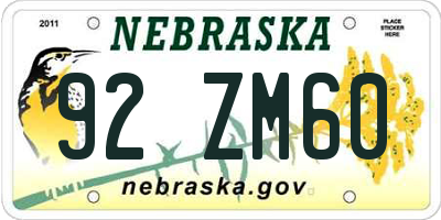 NE license plate 92ZM60