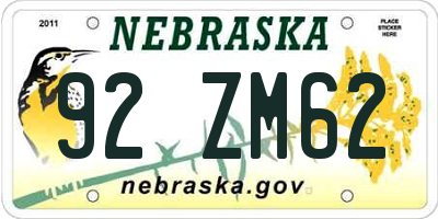 NE license plate 92ZM62