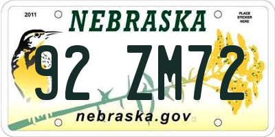 NE license plate 92ZM72
