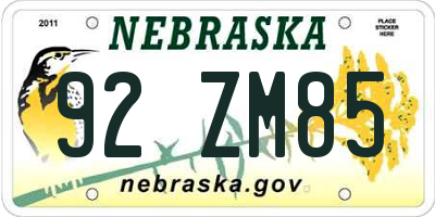 NE license plate 92ZM85