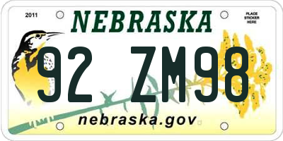 NE license plate 92ZM98