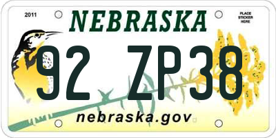 NE license plate 92ZP38