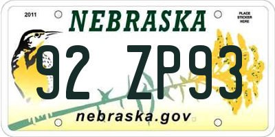 NE license plate 92ZP93