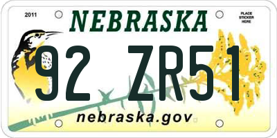 NE license plate 92ZR51
