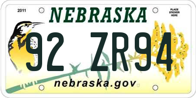 NE license plate 92ZR94