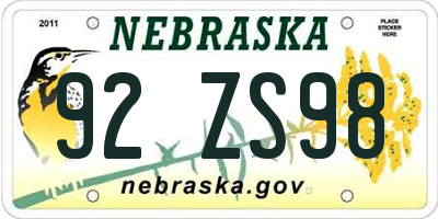 NE license plate 92ZS98