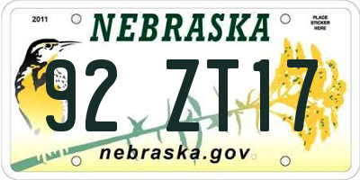 NE license plate 92ZT17