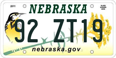NE license plate 92ZT19