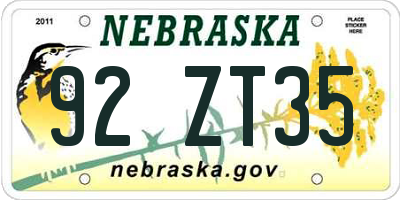 NE license plate 92ZT35
