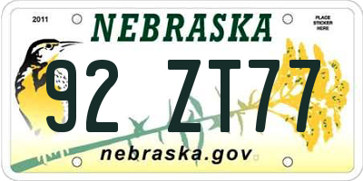 NE license plate 92ZT77
