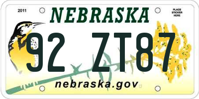 NE license plate 92ZT87