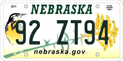 NE license plate 92ZT94