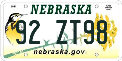 NE license plate 92ZT98