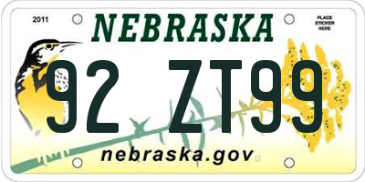 NE license plate 92ZT99
