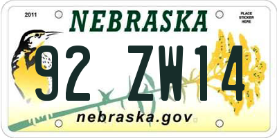 NE license plate 92ZW14