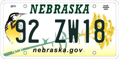 NE license plate 92ZW18