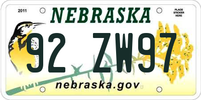 NE license plate 92ZW97