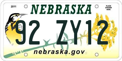 NE license plate 92ZY12
