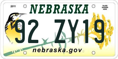 NE license plate 92ZY19
