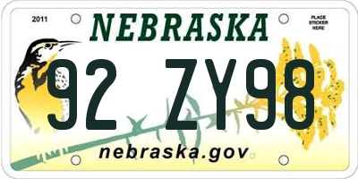 NE license plate 92ZY98