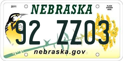 NE license plate 92ZZ03