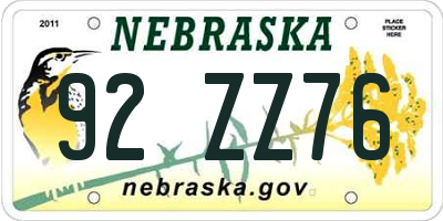 NE license plate 92ZZ76