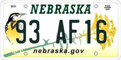 NE license plate 93AF16