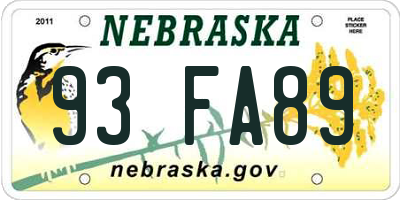 NE license plate 93FA89