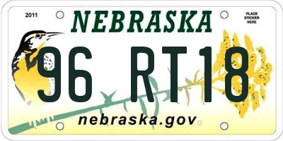 NE license plate 96RT18