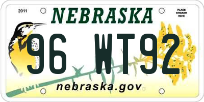 NE license plate 96WT92