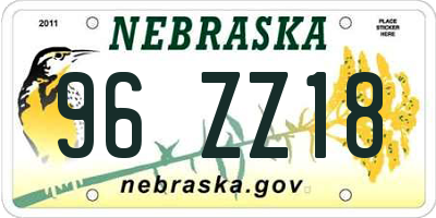 NE license plate 96ZZ18