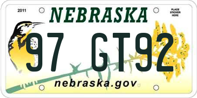 NE license plate 97GT92