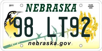 NE license plate 98LT92