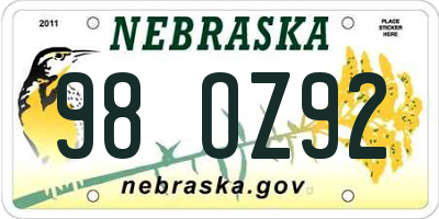 NE license plate 98OZ92