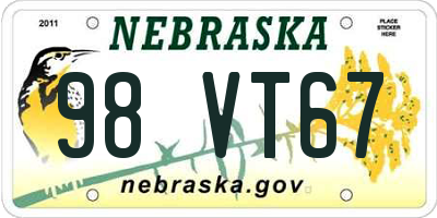 NE license plate 98VT67