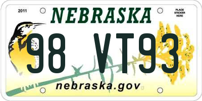 NE license plate 98VT93