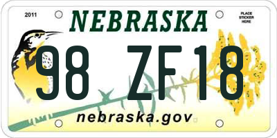 NE license plate 98ZF18