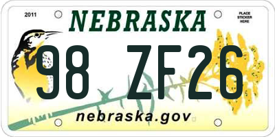 NE license plate 98ZF26