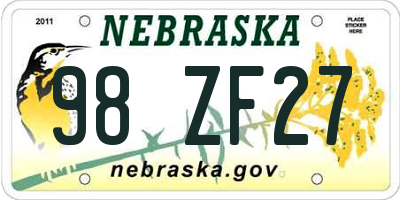 NE license plate 98ZF27