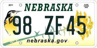 NE license plate 98ZF45